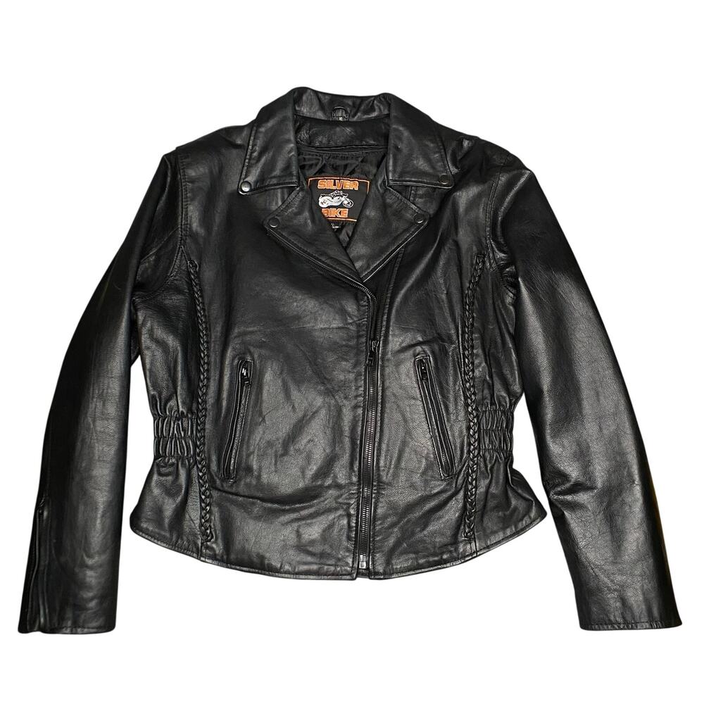 Silver Bike Genuine Leather Moto Jacket Women Sz XL Black Braiding